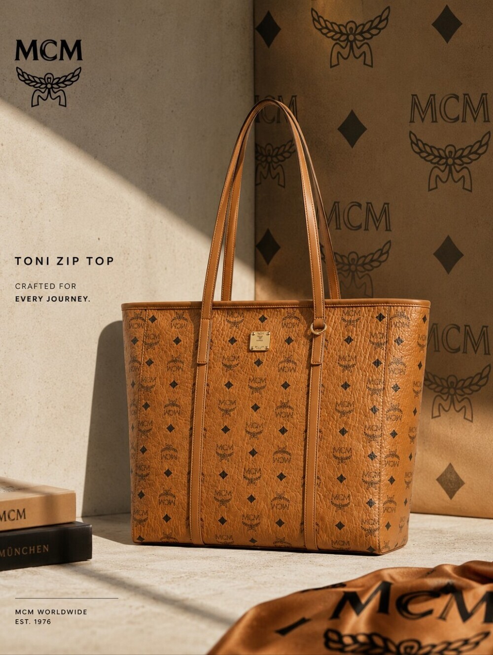 MCM Toni Top-Zip Shopper in Visetos-Cognac